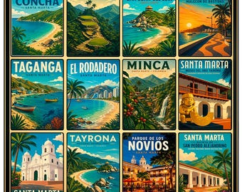 Santa Marta Poster, Colombia Wall Art, Vintage Travel Print, Tayrona National Park, Santa Marta Landmarks Collage, Caribbean Decor