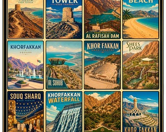 Khor Fakkan Poster, UAE Wall Art, Vintage Travel Print, Khorfakkan Amphitheatre, Retro Middle East Decor, Sharjah Landmarks Collage