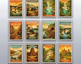 Kanchanaburi Thailand Fridge Magnet Travel Souvenirs, River Kwai Bridge Retro Graphics