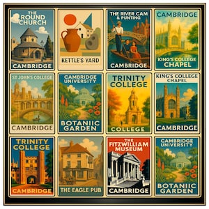 May include: A framed print with twelve vintage travel posters of Cambridge landmarks. The posters include The Round Church, Kettle's Yard, and King's College Chapel. Each poster has a retro design with vibrant colours and text, evoking a sense of nostalgia for travel.