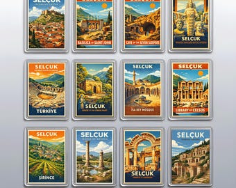 Fridge Magnets featuring Ephesus Theatre and Ayasuluk Castle, Vintage Selcuk Turkey Travel Gift