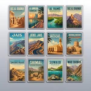 May include: A set of twelve rectangular magnets featuring vintage-style travel illustrations of landmarks in Ras Al Khaimah, including Al Jazirah Al Hamra, Al Qawasim Corniche, Al Rams Mangroves, Dhayah Fort, Jais, Jebel Jais, Mohammed Bin Salem Mosque, National Museum, Queen of Sheeba's Palace, Shimal Stone Houses, Suwaidi Pearls, and Wadi Shawka.