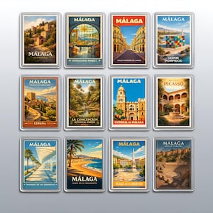 May include: A set of twelve rectangular travel posters featuring illustrations of Malaga, Spain. Each print displays a landmark such as the Alcazaba, Atarazanas Market, Calle Marques de Larios, Centre Pompidou, Gibralfaro, La Concepcion, Cathedral, Picasso Museum, Palmeral, Malagueta, Plaza de la Merced, and Roman Theatre.