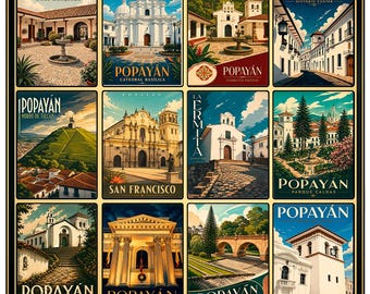 Popayan Poster, Colombia Wall Art, Vintage Travel Print, Popayan Landmarks Collage, White City Decor, Retro South America