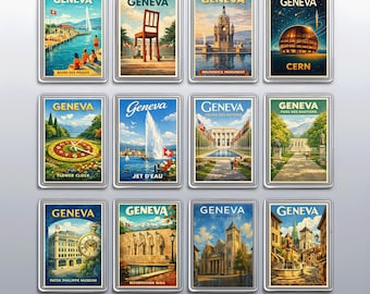 Geneva Switzerland Fridge Magnet with Jet d'Eau & Broken Chair, Vintage Travel Gift