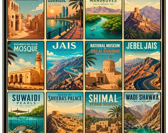 Ras Al Khaimah Poster, UAE Wall Art, Vintage Travel Print, Jebel Jais Mountain, Retro Middle East Decor, RAK UAE Landmarks Collage