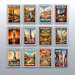 May include: A set of twelve rectangular wall art prints featuring iconic New York City landmarks including the Brooklyn Bridge, Central Park, Coney Island, Dumbo, Empire State Building, Flatiron Building, Grand Central Terminal, Rockefeller Center, Statue of Liberty, The High Line, The Met, and Times Square.