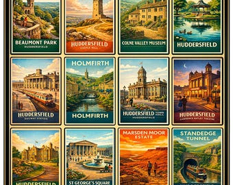 Huddersfield Poster, UK City Wall Art, Vintage Travel Print, Huddersfield Landmarks Illustration, West Yorkshire Decor, Retro City Poster