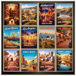 Puede incluir: Un conjunto enmarcado de doce carteles de viaje coloridos con lugares emblemáticos de Los Ángeles. Cada cartel muestra lugares icónicos como Hollywood, Santa Monica Pier y Venice Beach, con ilustraciones y texto vibrantes.