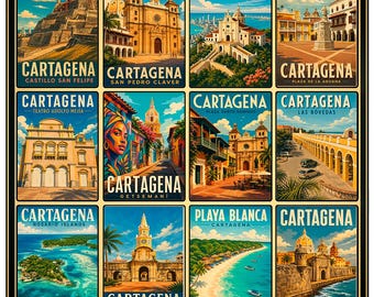 Cartagena Poster, Colombia Wall Art, Vintage Travel Print, Cartagena Landmarks Collage, Getsemani Art, Caribbean Coast Decor, Walled City