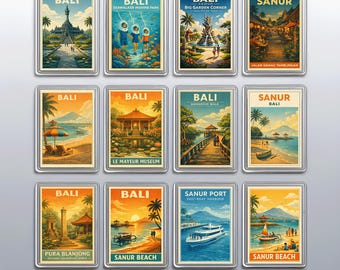 Vintage Sanur Fridge Magnets Set, Bali Travel Souvenir and Beach Sunrise Kitchen Decor