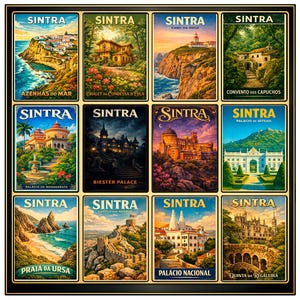 May include: A framed collection of twelve vintage-style travel posters depicting Sintra, Portugal. Each poster showcases a different landmark or scenic view, including coastal landscapes, castles, and palaces, with the word "Sintra" displayed.