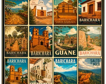 Barichara Poster, Colombia Wall Art, Vintage Travel Print, Barichara Landmarks Collage, Retro South America Decor, Colonial Town Print