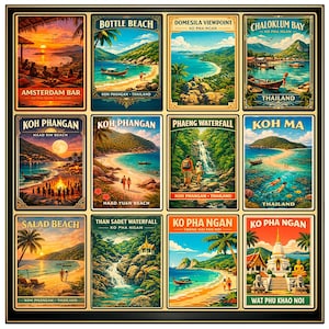 May include: A framed set of twelve vintage travel posters depicting various locations on Ko Pha Ngan, Thailand. Each poster displays a different beach, waterfall, or viewpoint, using vibrant colours and retro typography. The posters are arranged in a grid formation.