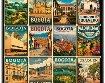 Bogota Poster, Colombia Wall Art, Vintage Travel Print, Bogota Landmarks Collage, Monserrate Art, Retro South America Decor, City Print