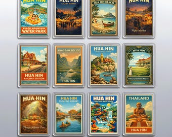 Vintage Hua Hin Fridge Magnets, Phraya Nakhon Cave and Railway Station Kitchen Decor
