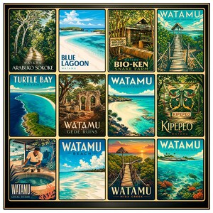 May include: A grid of twelve illustrated travel posters featuring Watamu, Kenya. Scenes include Arabuko Sokoke, Blue Lagoon, Bio-Ken Snake Farm, Mida Creek Boardwalk, Turtle Bay, Gede Ruins, Short Beach, Kipepeo, Local Ocean, Watamu Beach, Mida Creek, and Marine National Park with vibrant coastal landscapes, wildlife, and historical ruins.