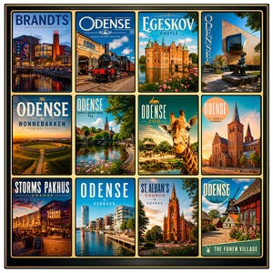 Könnte beinhalten: Eine Sammlung von zwölf Reiseplakaten mit Odense, Dänemark, und seinen Sehenswürdigkeiten. Die Plakate zeigen Wahrzeichen wie Schloss Egeskov, St. Knuds Domkirche und das Funen Village, mit lebendigen Illustrationen und Text.