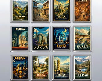 Vintage Fridge Magnets from Bursa featuring Grand Mosque & Green Tomb, Turkey Travel Gift