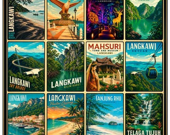 Langkawi Poster, Malaysia Wall Art, Vintage Travel Print, Langkawi Landmarks Collage, Retro Asia Decor, Langkawi Sky Bridge Print
