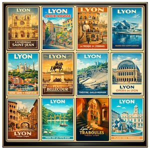 Lyon Poster, France City Wall Art, Basilica of Notre Dame de Fourviere Print, Vintage Travel Illustration, Vieux Lyon Decor