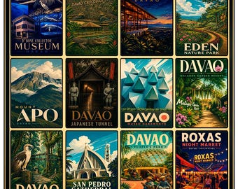 Davao City Poster, Philippines Wall Art, Vintage Travel Print, Mount Apo Art, Roxas Night Market, Philippine Eagle Center, Retro Asia Decor