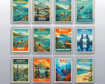 Vintage Amed Fridge Magnets Set, Bali Travel Souvenir and Beach Diving Decor
