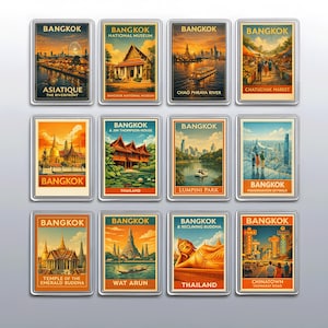 May include: A set of twelve rectangular magnets featuring vintage-style travel posters of Bangkok landmarks including Asiatique, National Museum, Chao Phraya River, Chatuchak Market, Grand Palace, Jim Thompson House, Lumpini Park, Mahanakhon Skywalk, Temple of the Emerald Buddha, Wat Arun, Reclining Buddha, and Chinatown.