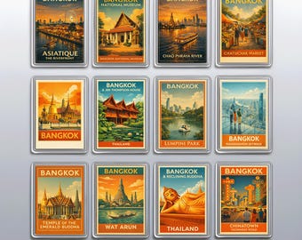 Vintage Bangkok Fridge Magnets Set, Thailand Travel Souvenir and Wat Arun Kitchen Decor
