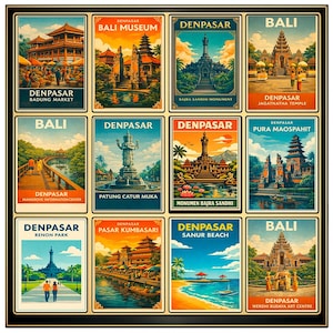 May include: A framed print featuring twelve vintage-style travel posters of Bali and Denpasar, Indonesia. Each poster showcases a different landmark or attraction, including temples, markets, and monuments. The posters are in a rectangular format with a black border.