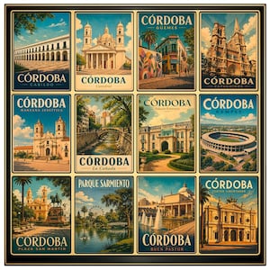 May include: A framed set of twelve vintage travel posters showcasing Córdoba, Argentina. Each poster displays a different landmark or scene, with the word "Córdoba" prominently featured. The posters are in various colors and styles, evoking a sense of travel and history.