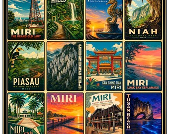 Miri Poster, Sarawak Malaysia Wall Art, Vintage Travel Print, Gunung Mulu Collage, Retro Asia Decor, Borneo City Print, Niah National Park