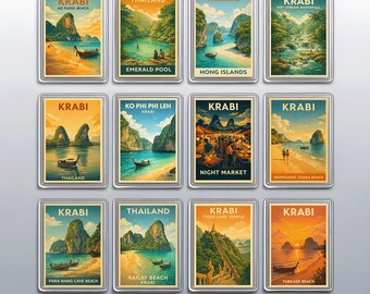 Retro Krabi Fridge Magnets, Tropical Thailand Home Decor featuring Phi Phi Islands