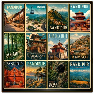 Op de afbeelding: Een verzameling van twaalf Bandipur-reisposters. Elke poster toont een ander schilderachtig uitzicht, waaronder tempels, kabelbanen en berglandschappen. De posters zijn omlijst in een zwarte rand, met levendige kleuren en vintage typografie.