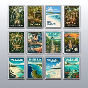 May include: A set of twelve rectangular magnets featuring colorful illustrations of Watamu landmarks, including Arabuko Sokoke, Bio-Ken Snake Farm, Blue Lagoon, Gede Ruins, Kipepeo, Mida Creek, Turtle Bay, and various beach scenes with text labels for each location.