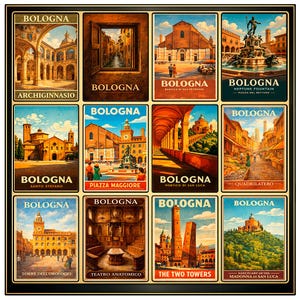 Könnte beinhalten: Zwölf Vintage-Reiseposter mit Sehenswürdigkeiten von Bologna, Italien. Jedes Poster zeigt ein anderes Wahrzeichen, darunter das Archiginnasio und die Zwei Türme, mit dem Stadtnamen prominent platziert.