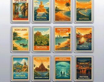 Pattaya Thailand Refrigerator Magnets, Retro Sanctuary of Truth Travel Souvenirs