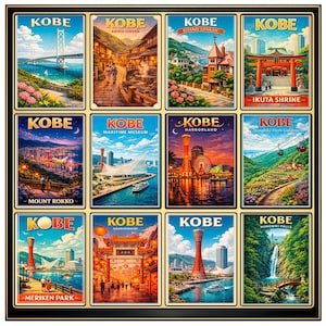 May include: A set of twelve vintage travel posters, each depicting a different landmark in Kobe, Japan. The posters, framed in black, feature vibrant illustrations of locations such as Mount Rokko, Ikuta Shrine, and Harborland.
