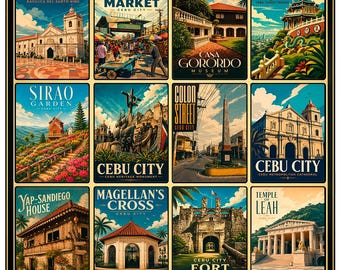Cebu City Poster, Philippines Wall Art, Vintage Travel Print, Magellans Cross Print, Retro Asia Decor, Basilica del Santo Nino