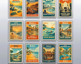 Vintage Kuta Fridge Magnets Set, Bali Travel Souvenir and Beach Surfing Kitchen Decor