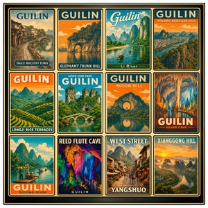 Op de afbeelding: Een verzameling van twaalf vintage reisposters met Guilin, China. Elke poster toont een andere schilderachtige locatie, waaronder Elephant Trunk Hill, Li River en Reed Flute Cave. De posters hebben een retro-esthetiek met gedurfde kleuren en gestileerde illustraties.
