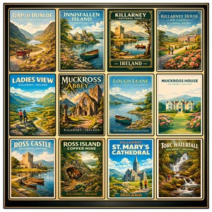 May include: A framed collection of twelve vintage-style travel posters featuring scenic views of Killarney, Ireland. Each poster showcases landmarks like Gap of Dunloe, Ross Castle, and St. Mary's Cathedral, with vibrant colors and detailed illustrations.