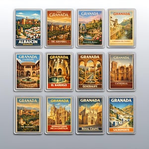 May include: A set of twelve rectangular magnets featuring vintage-style illustrations of Granada, Spain. Each magnet displays a specific landmark with its name printed below, including Albaicín, The Alhambra, El Bañuelo, Generalife, Cathedral, and Sacromonte.