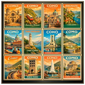 May include: A framed collection of twelve vintage travel posters featuring scenes from Como, Italy. Each poster showcases a different landmark, including churches, a funicular, and the lake, with vibrant colors and retro design.