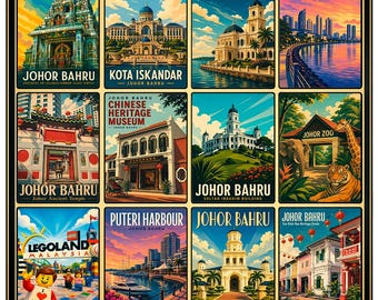 Johor Bahru Poster, Malaysia Wall Art, Vintage Travel Print, Johor Bahru Landmarks Collage, Retro Asia Decor, Legoland Malaysia Print