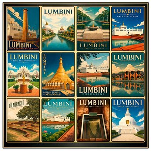 May include: A framed collection of twelve travel posters featuring various landmarks and sites in Lumbini, Nepal. Each poster has a unique illustration with text such as "Ashoka Pillar", "Monastic Zone", and "Maya Devi Temple". The posters are in a grid layout.