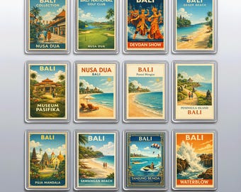 Vintage Nusa Dua Fridge Magnets Set, Bali Travel Souvenir and Beach Resort Kitchen Decor