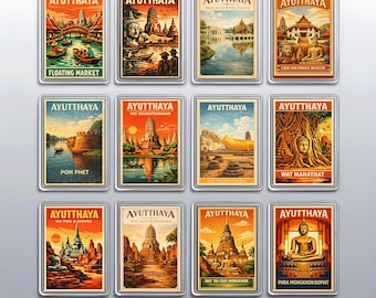 Ayutthaya Thailand Refrigerator Magnets, Retro Wat Mahathat Ancient Travel Souvenirs