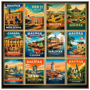 Könnte beinhalten: Ein gerahmtes Set aus zwölf Vintage-Reisepostern mit Motiven aus Halifax, Nova Scotia, Kanada. Jedes Poster zeigt ein anderes Wahrzeichen oder eine andere Attraktion, darunter die Zitadelle, Peggy's Cove und die Public Gardens. Die Poster haben eine Retro-Ästhetik mit leuchtenden Farben.