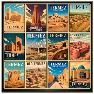 May include: A grid of twelve travel-style posters featuring historical sites in Termez, Uzbekistan. Each rectangular panel displays a landmark, including the Al-Hakim at-Termizi Mausoleum, Jarkurgan Minaret, Fayaz Tepa, Kampyr Tepe, Kokildor Ota, Friendship Bridge, Kara Tepe, Kyrk Kyz Fortress, Zurmala Tower, Old Termez, Sultan Saodat, and the Archaeological Museum.